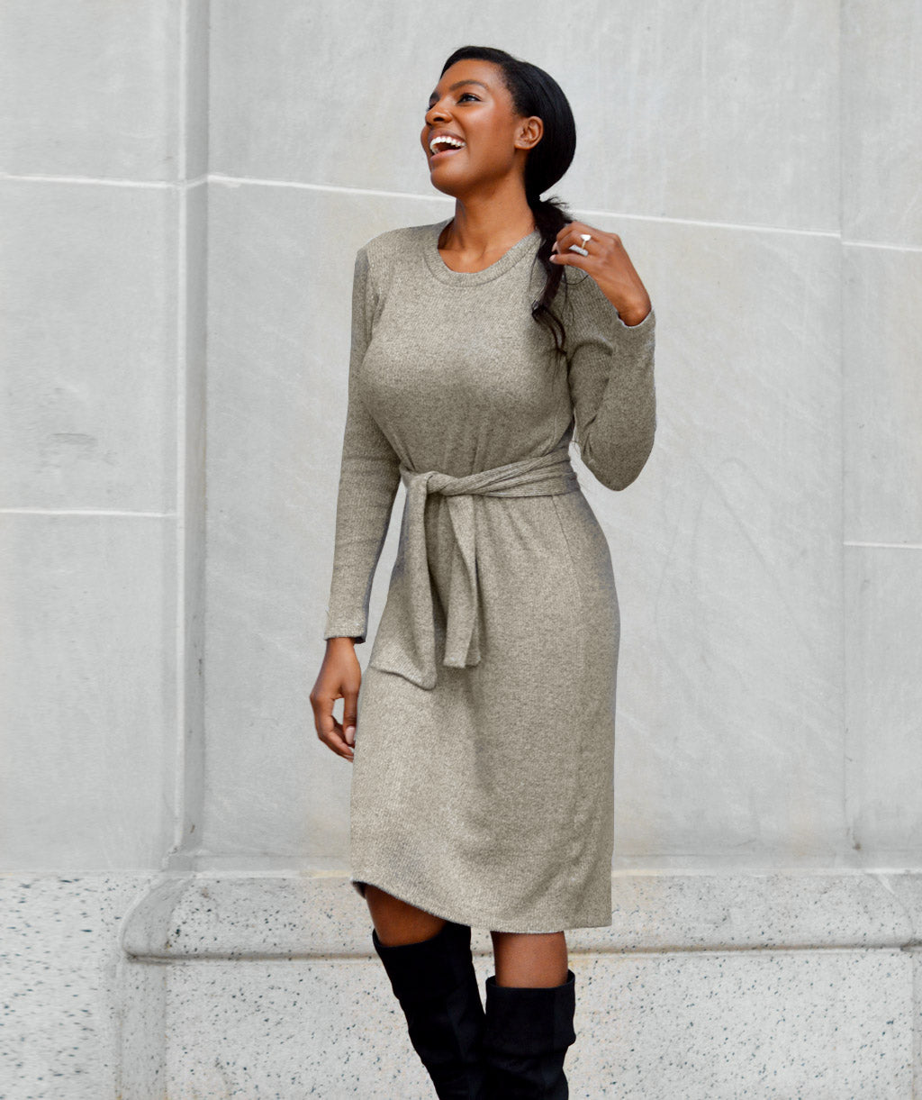 fitted lace wedding dress ASIA sweater rib dress in Grey Mocha – Elegantees
