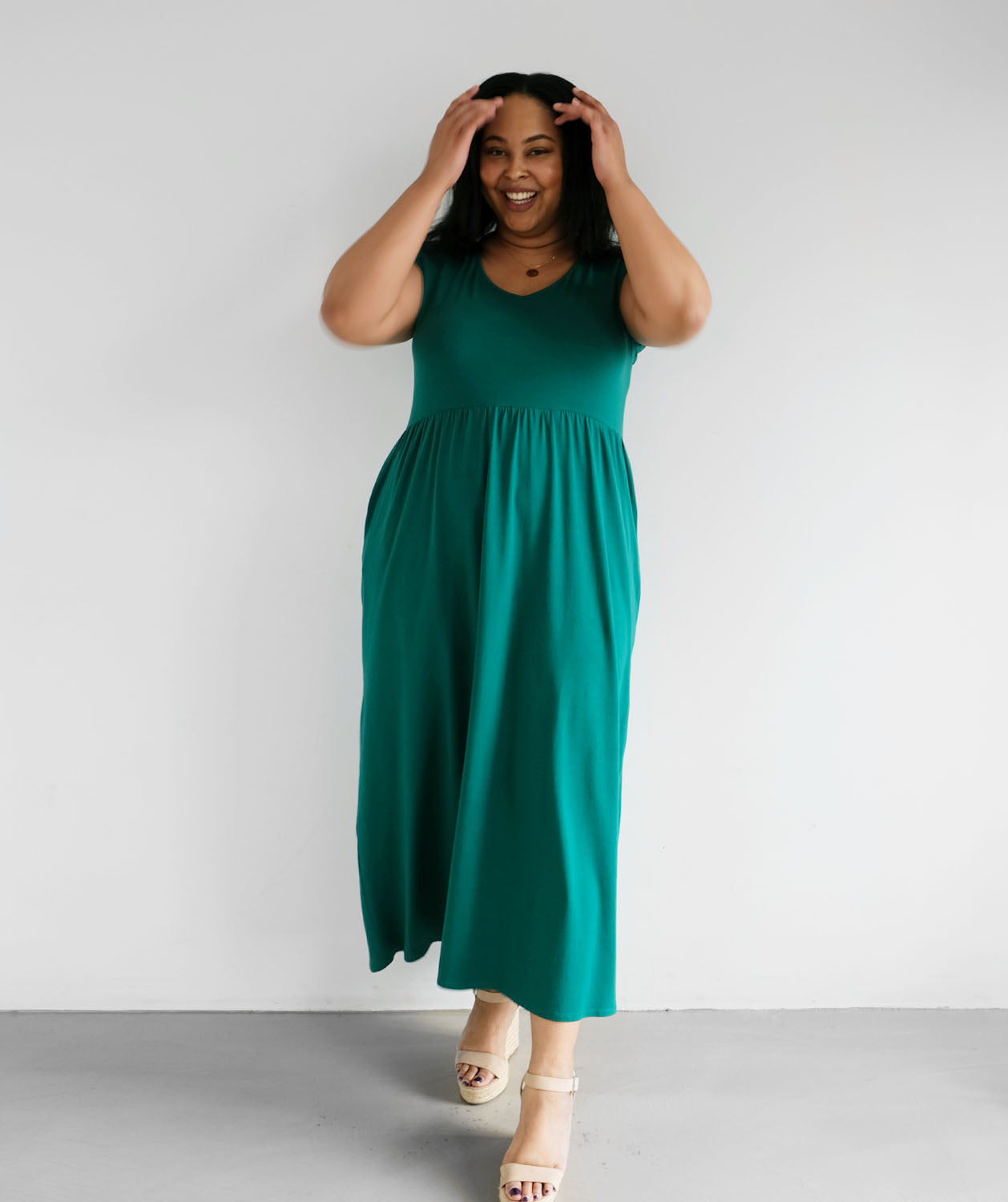 green emerald velvet dress Amber Pleat Jersey Midi Dress-Hunter Green