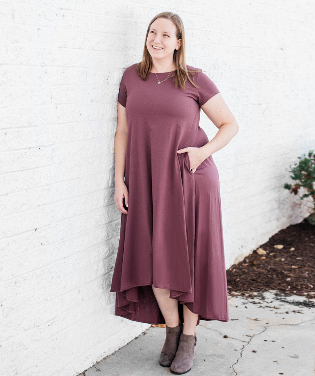 ERICA trapeze dress in Aubergine – Elegantees