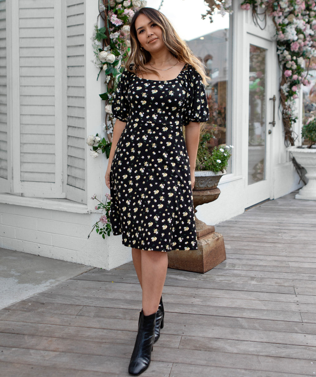 GISEL smocked fit-and-flare dress in Black Floral