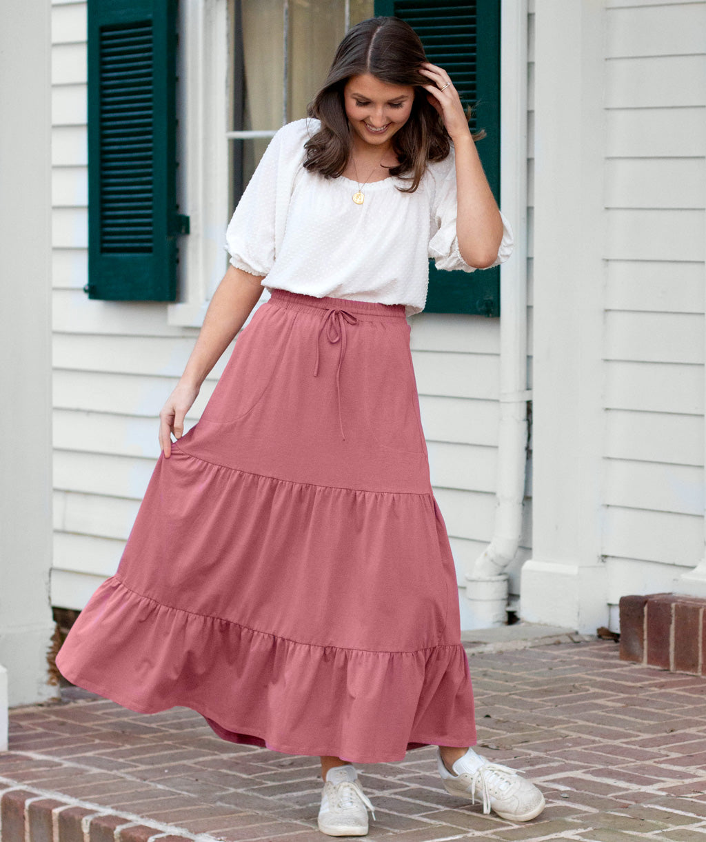 Pink tiered midi on sale skirt