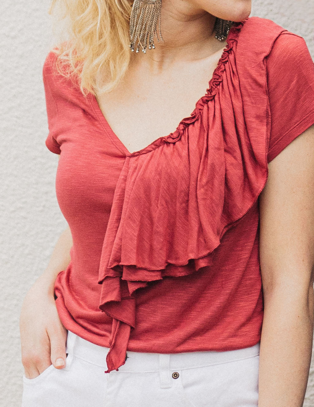 KELSEY double ruffle tee in Red Spice