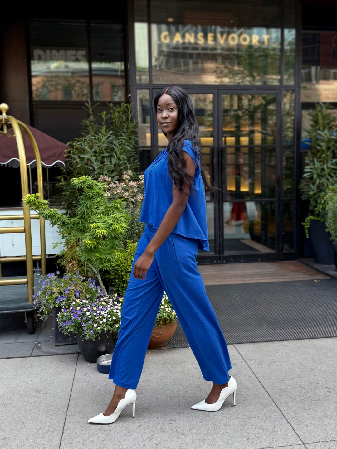 EVELINE smocked jersey pants in Blue Iolite