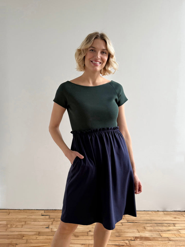 CAITLIN rib+jersey dress in Jade/Navy