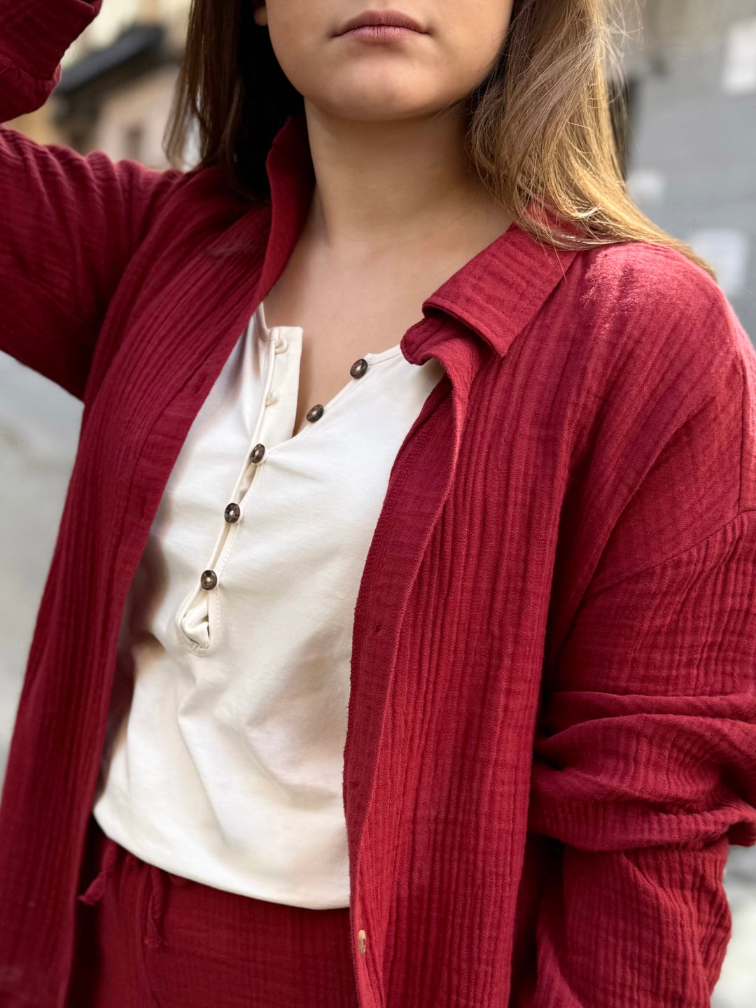 PRADO gauze top in Sangria Red