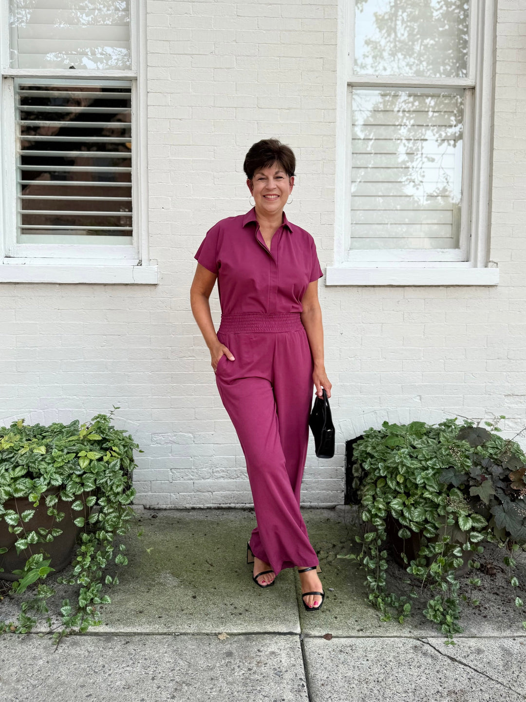 EVELINE smocked jersey pants in Deep Berry
