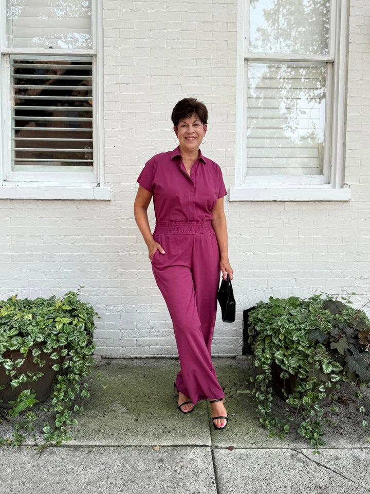 EVELINE smocked jersey pants in Deep Berry