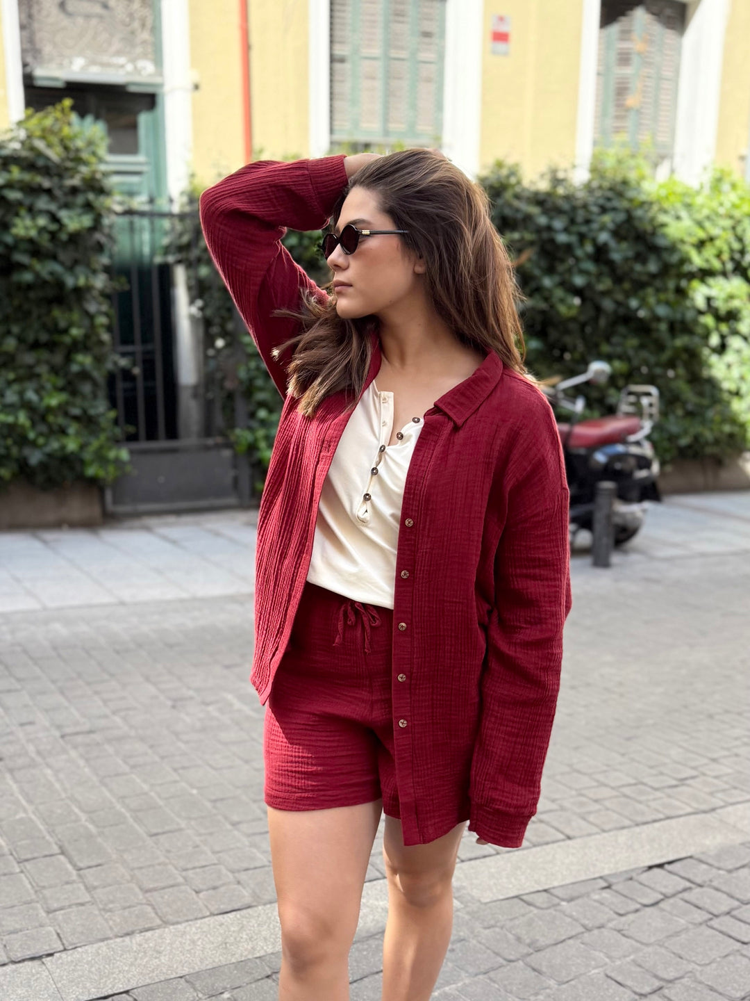 PRADO gauze top in Sangria Red