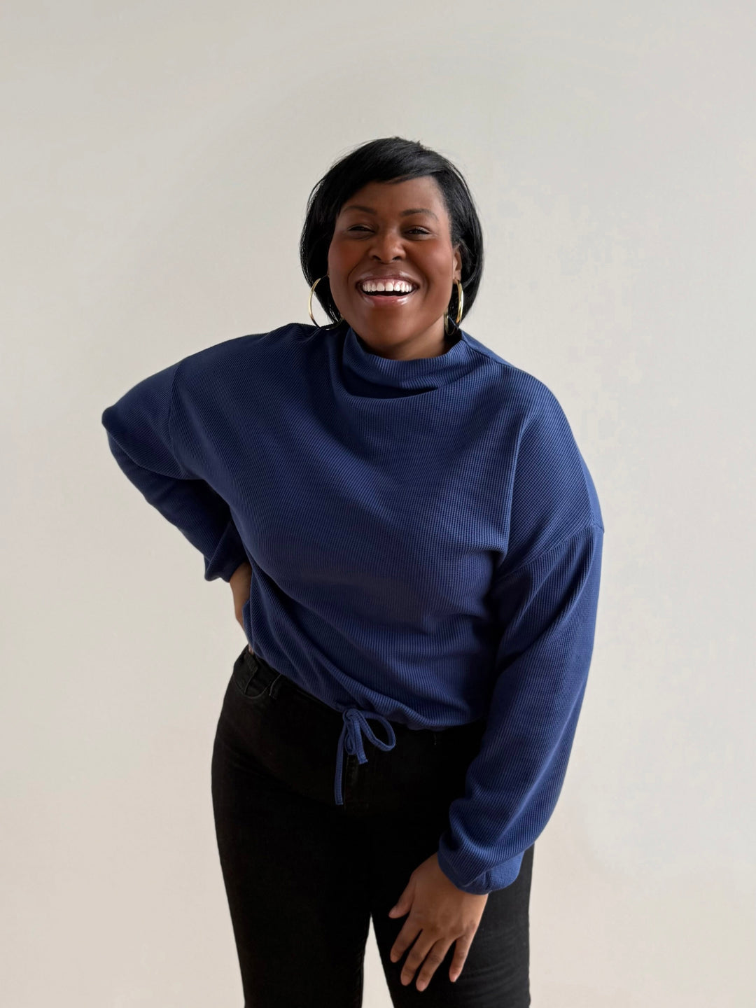 ANNIKA waffle knit top in Blue Depths