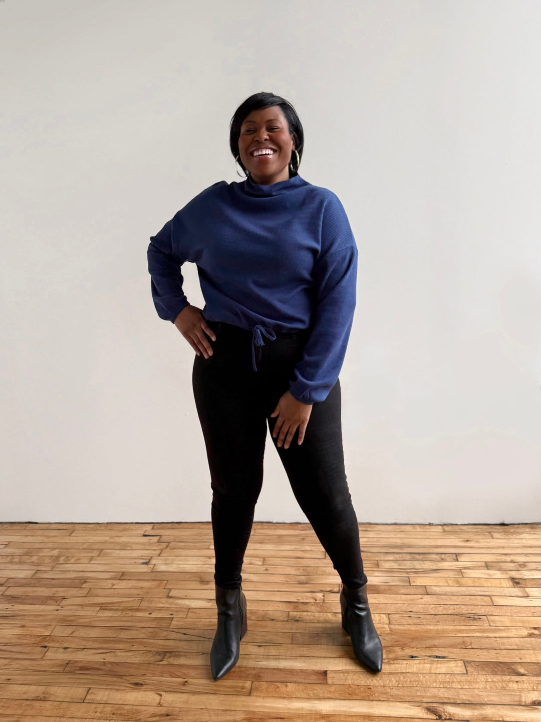 ANNIKA waffle knit top in Blue Depths