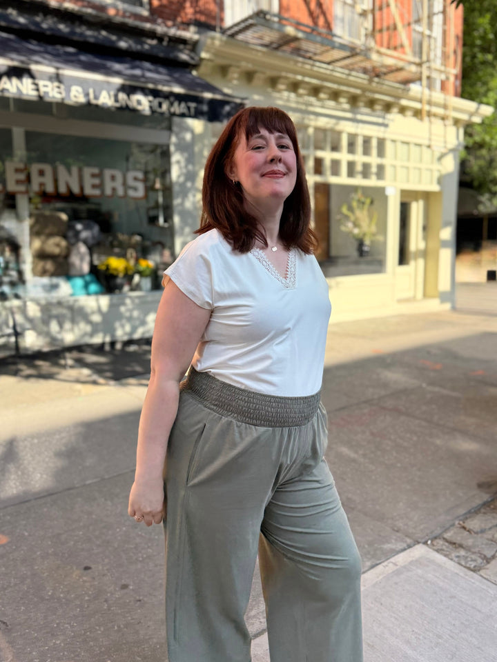 EVELINE smocked jersey pants in Silver Sage