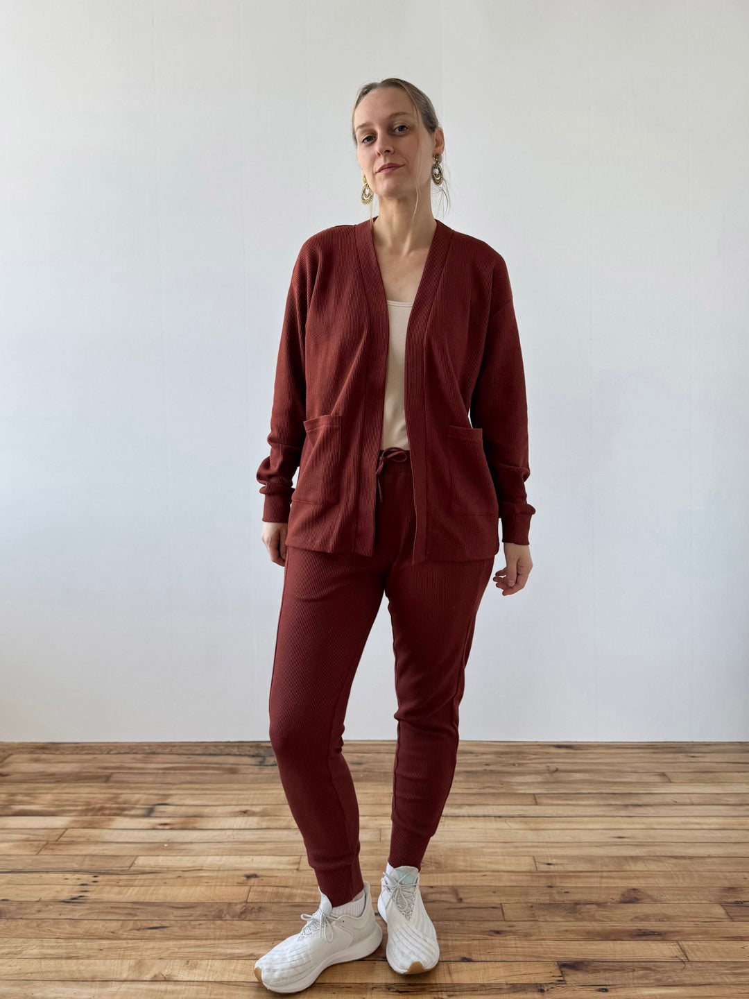 RILEY waffle knit cardigan in Cherrywood