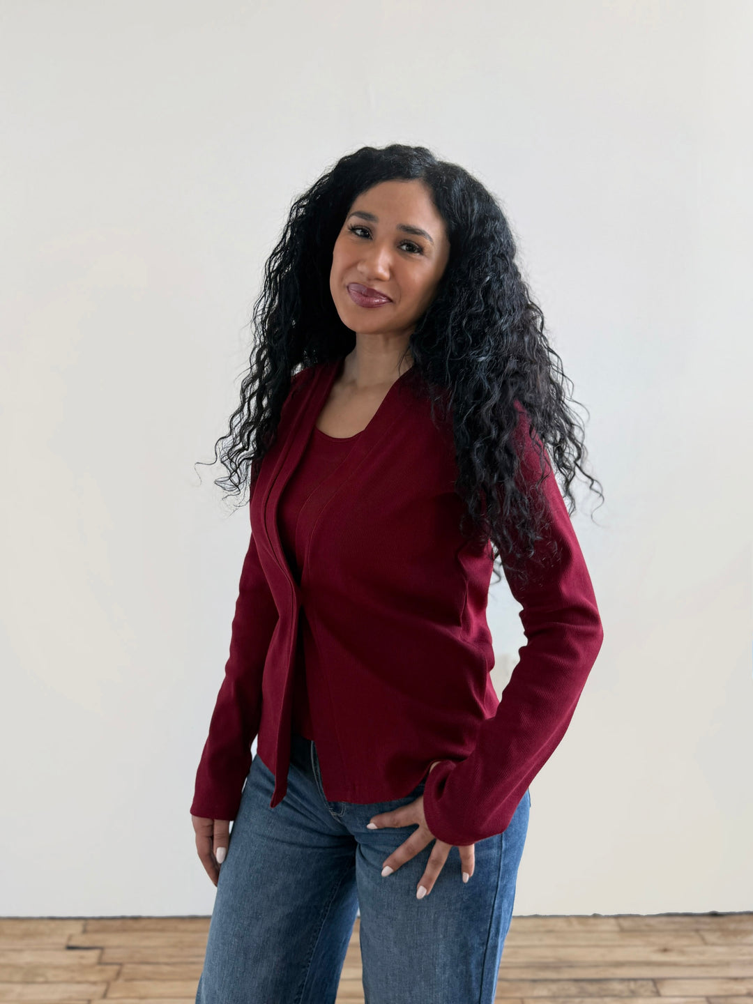 JUDE rib-knit fitted cardigan in Rich Red