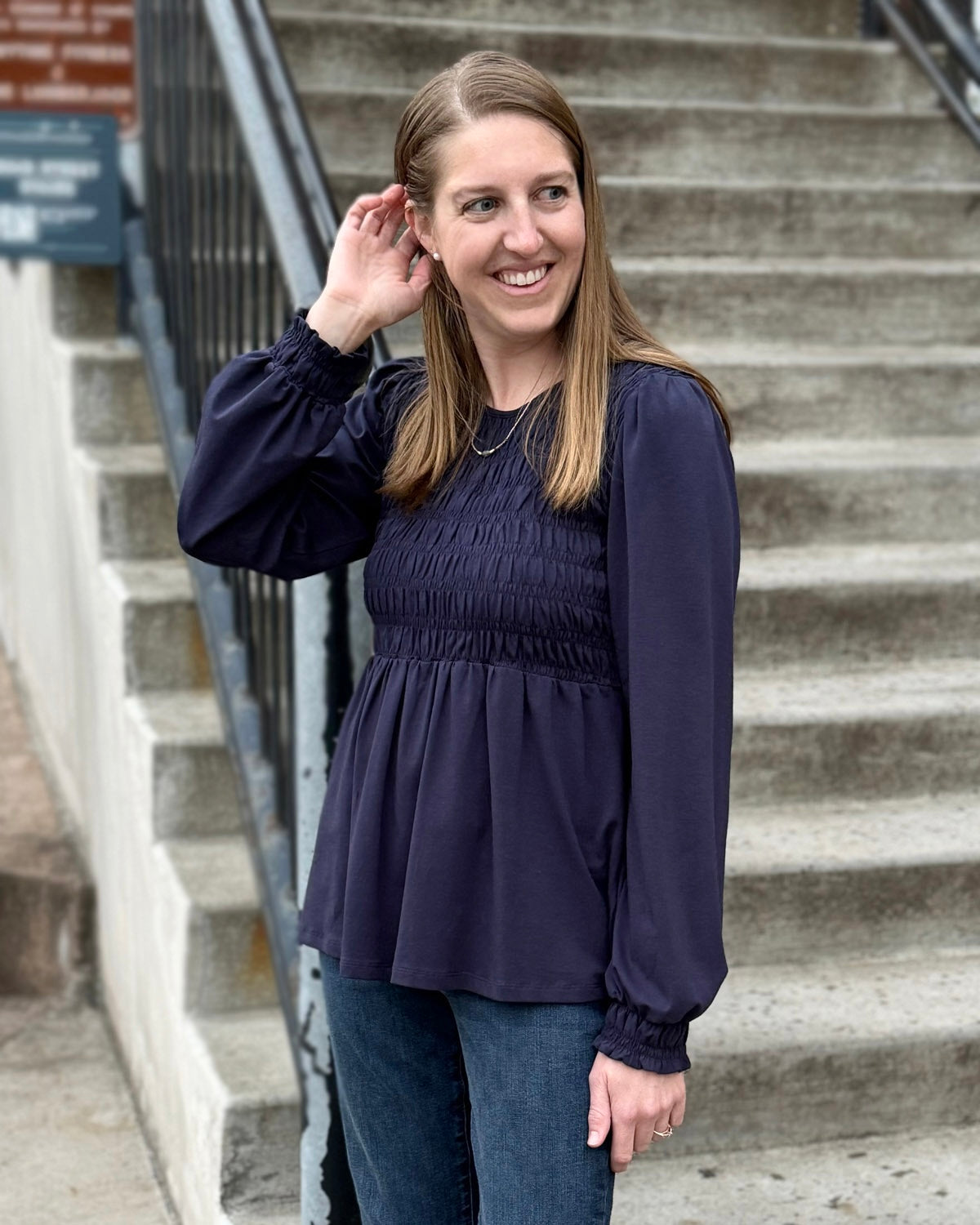 LYRIC smocked top in Navy