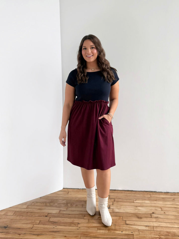 CAITLIN rib+jersey dress in Navy/Merlot