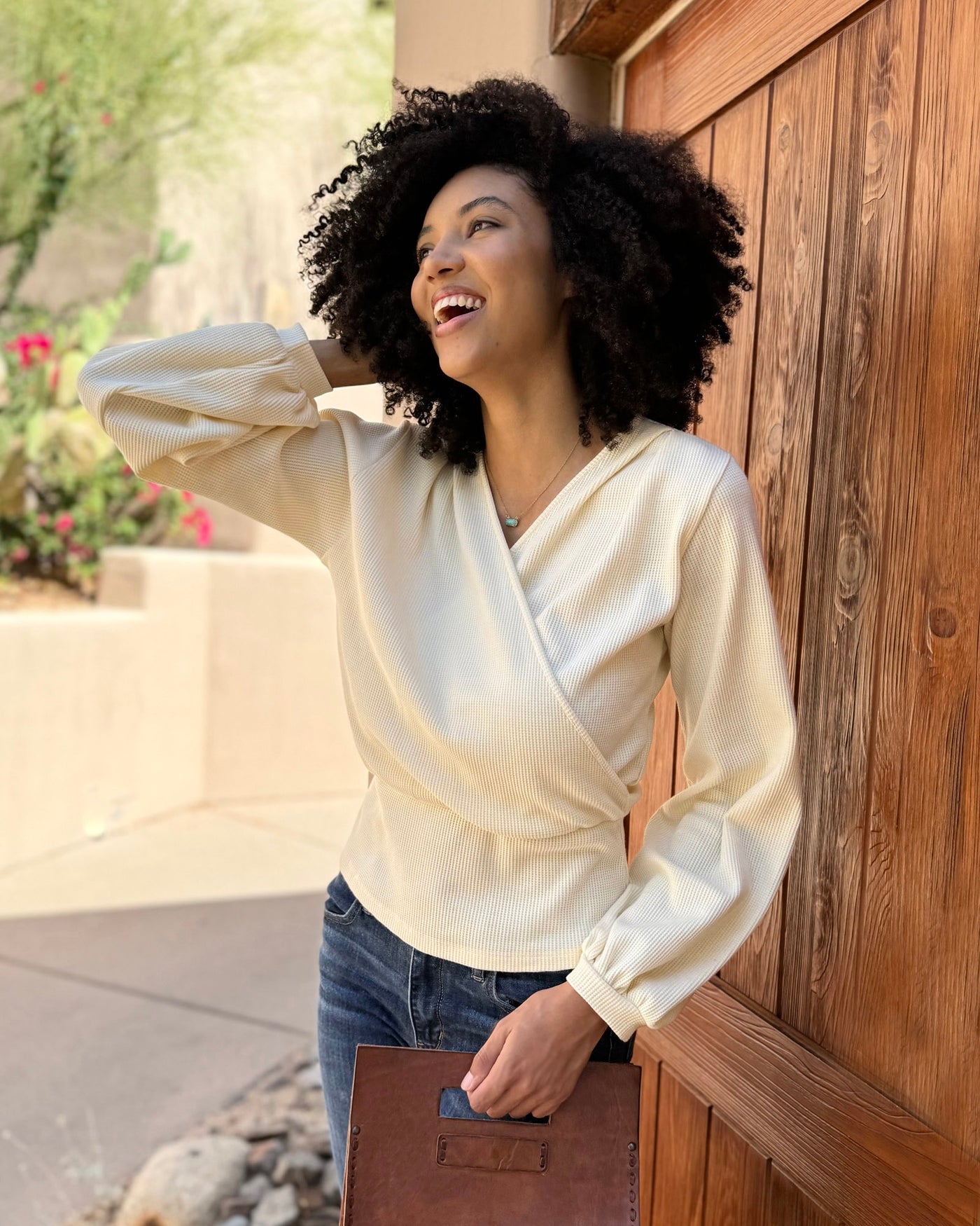 OASIS waffle knit top in Almond Milk