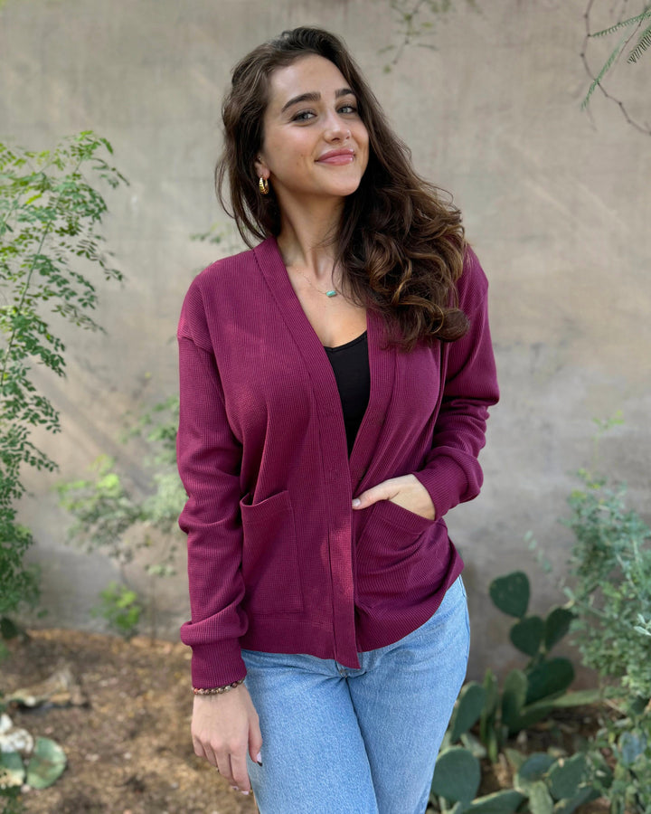 PREORDER waffle knit cardigan in Raspberry