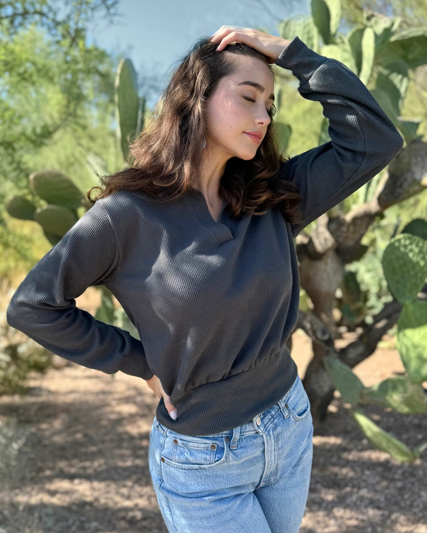 SEDONA waffle knit top in Charcoal Blue