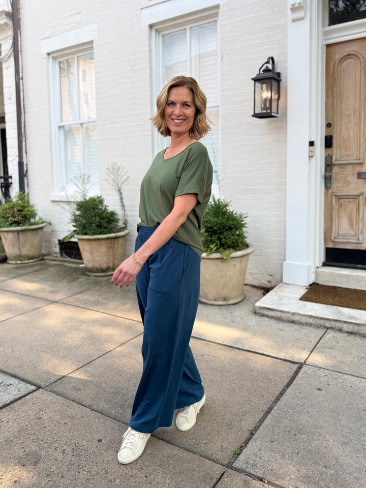 EVELINE smocked jersey pants in Atlantic Blue