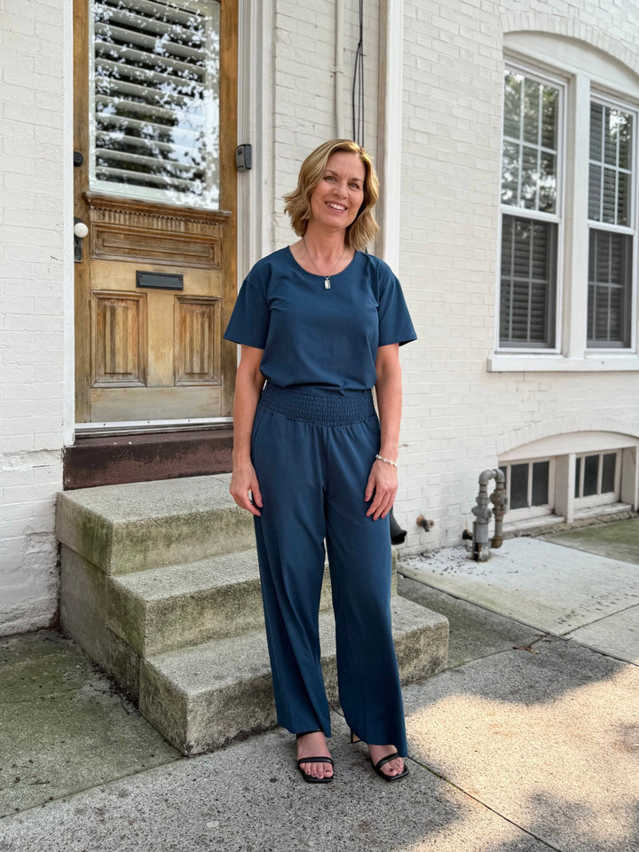 EVELINE smocked jersey pants in Atlantic Blue