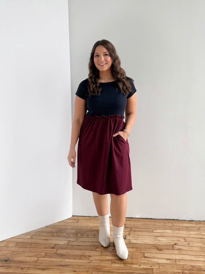 CAITLIN rib+jersey dress in Navy/Merlot