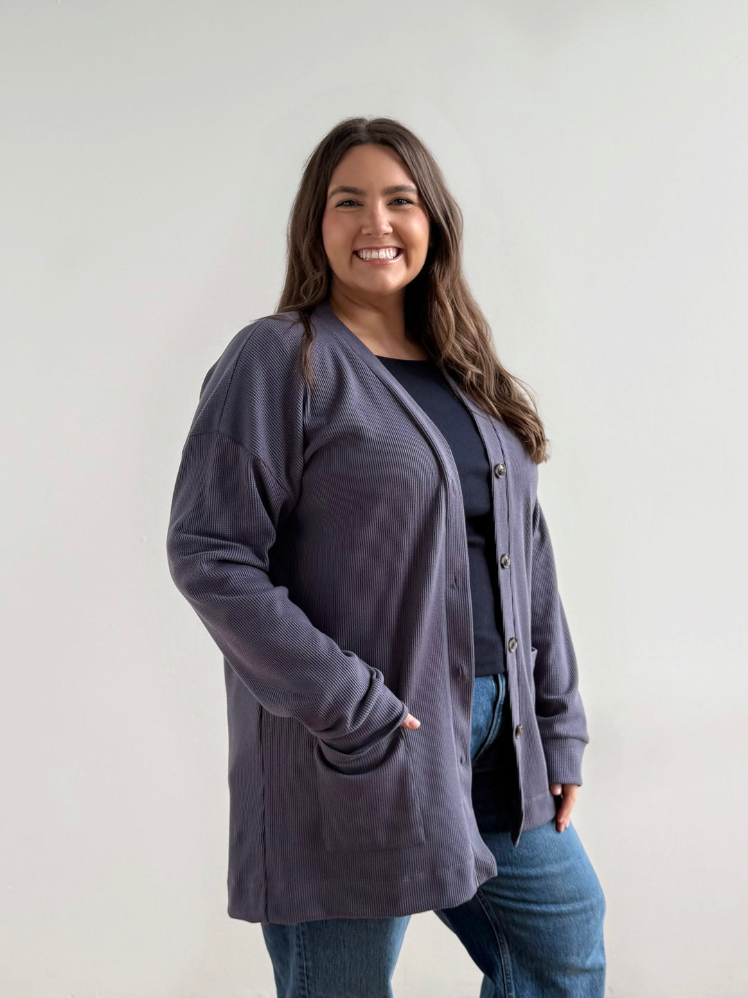 EVERLY waffle knit cardigan in Stonewash