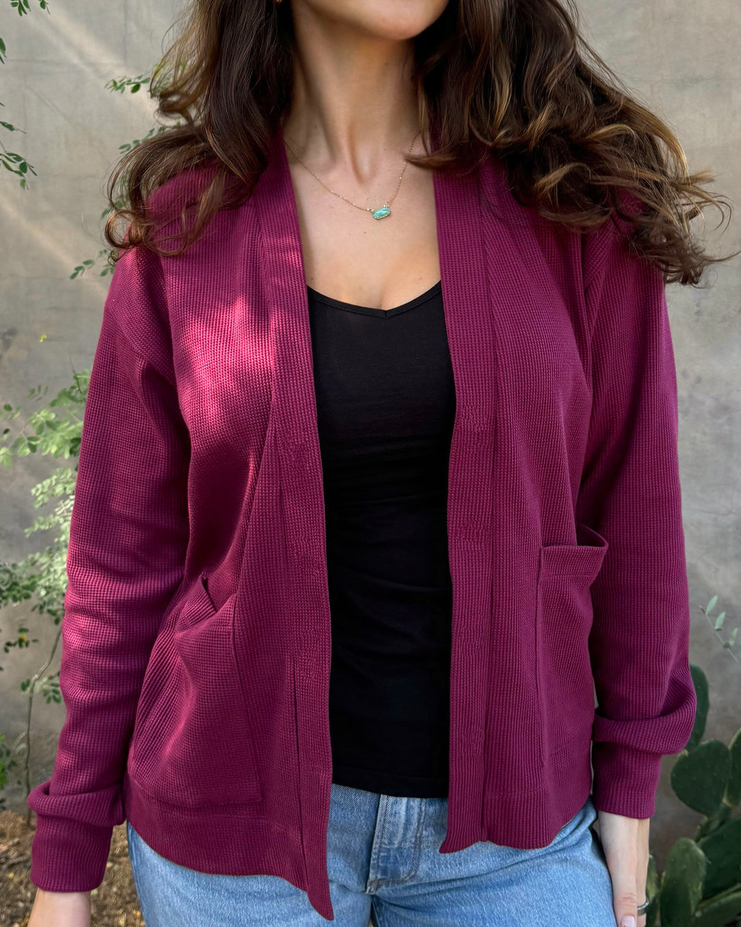 PREORDER waffle knit cardigan in Raspberry