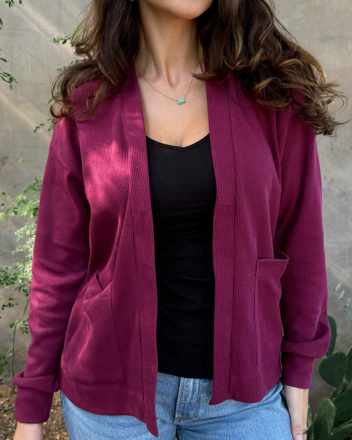 PREORDER waffle knit cardigan in Raspberry