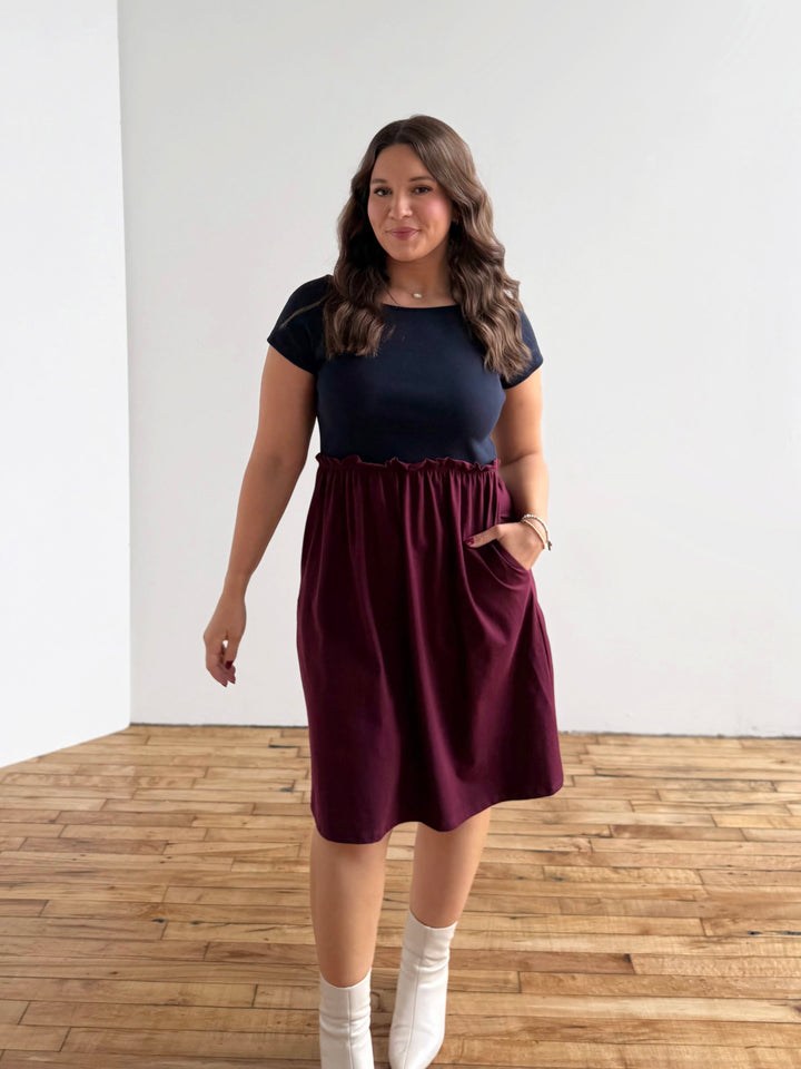 CAITLIN rib+jersey dress in Navy/Merlot