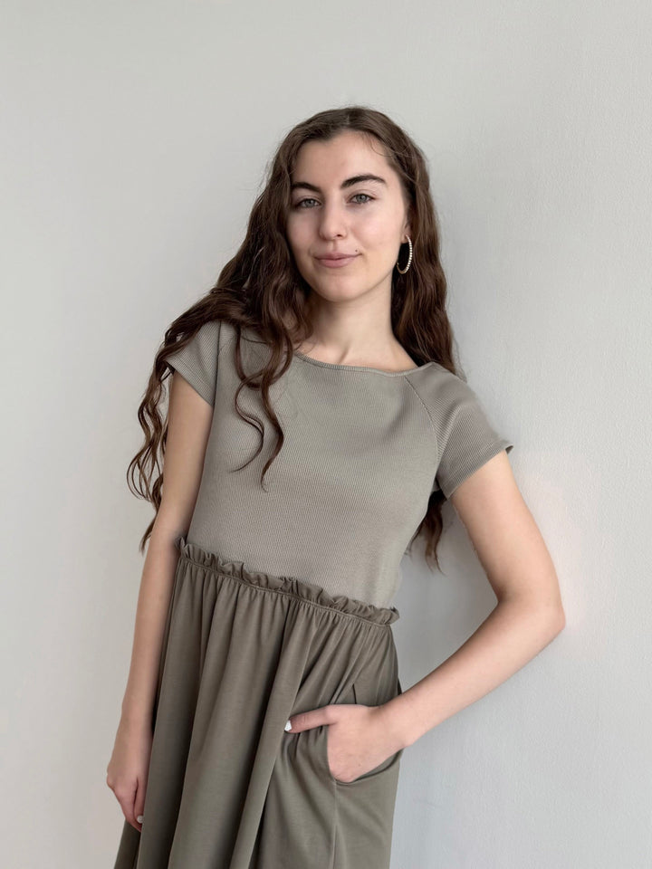CAITLIN rib+jersey dress in Sage