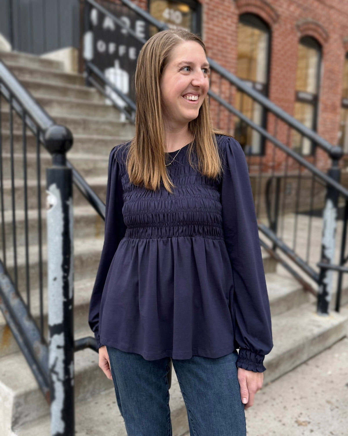 LYRIC smocked top in Navy