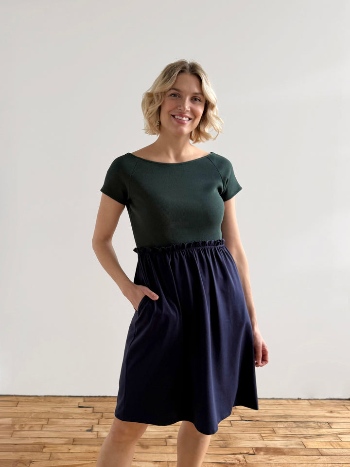 CAITLIN rib+jersey dress in Jade/Navy