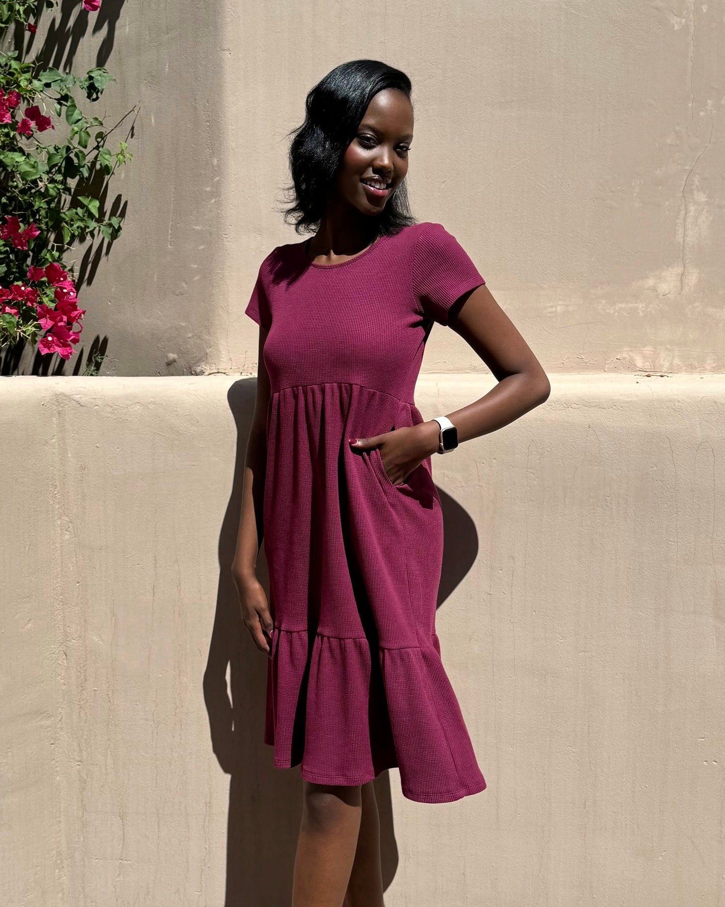 PHOENIX waffle knit dress in Raspberry