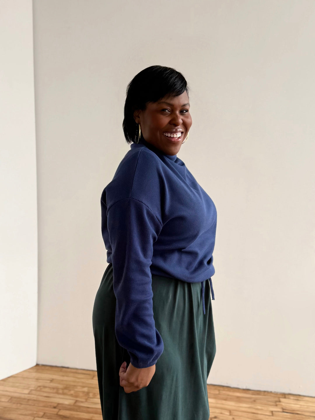 ANNIKA waffle knit top in Blue Depths