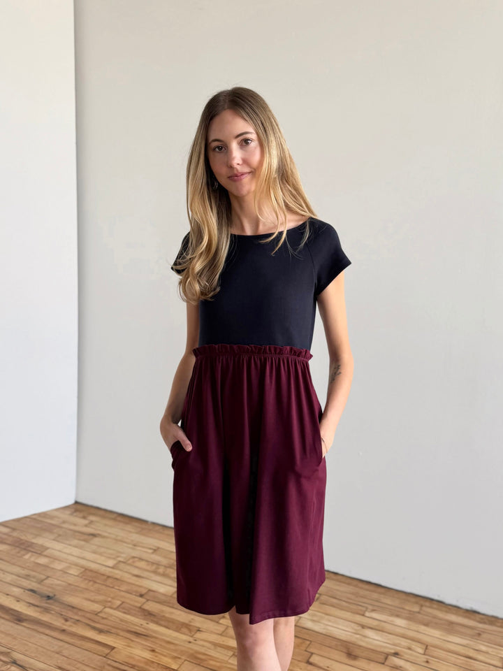 CAITLIN rib+jersey dress in Navy/Merlot