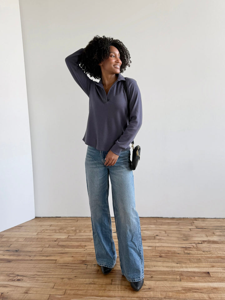 ADRIA waffle knit top in Stonewash