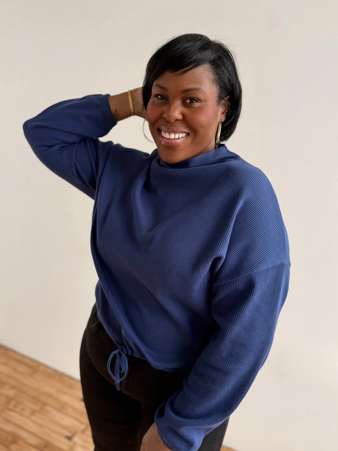 ANNIKA waffle knit top in Blue Depths