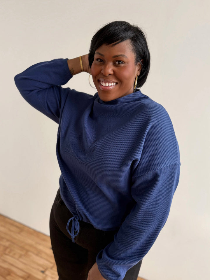 ANNIKA waffle knit top in Blue Depths