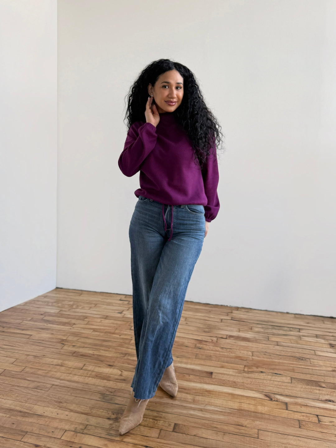 ANNIKA waffle knit top in Purple Jewel