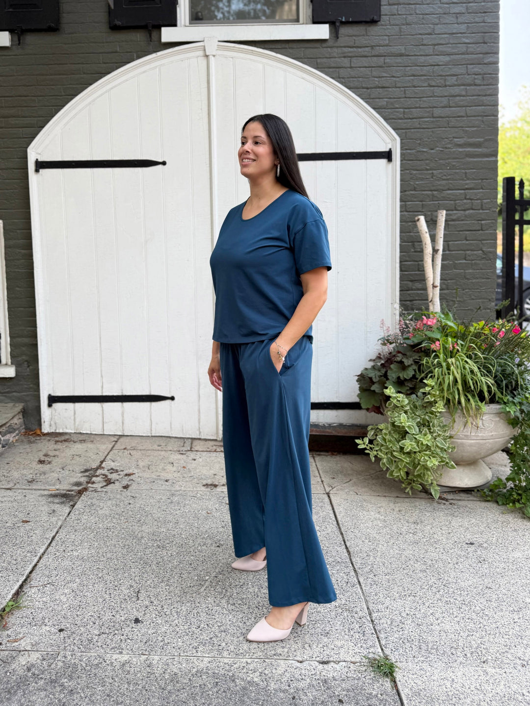 EVELINE smocked jersey pants in Atlantic Blue
