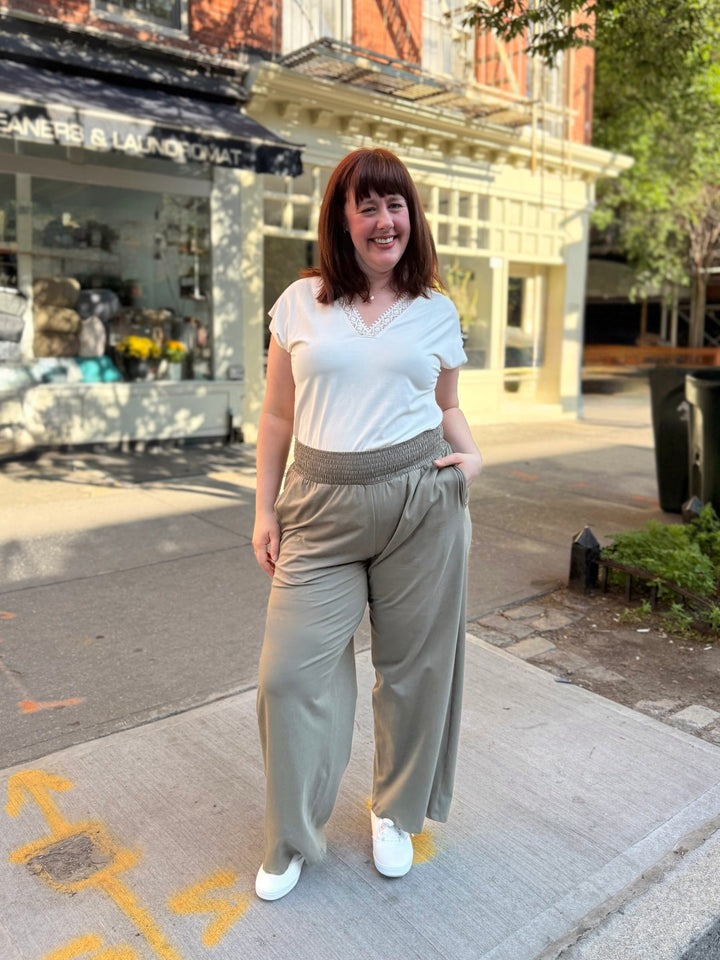 EVELINE smocked jersey pants in Silver Sage