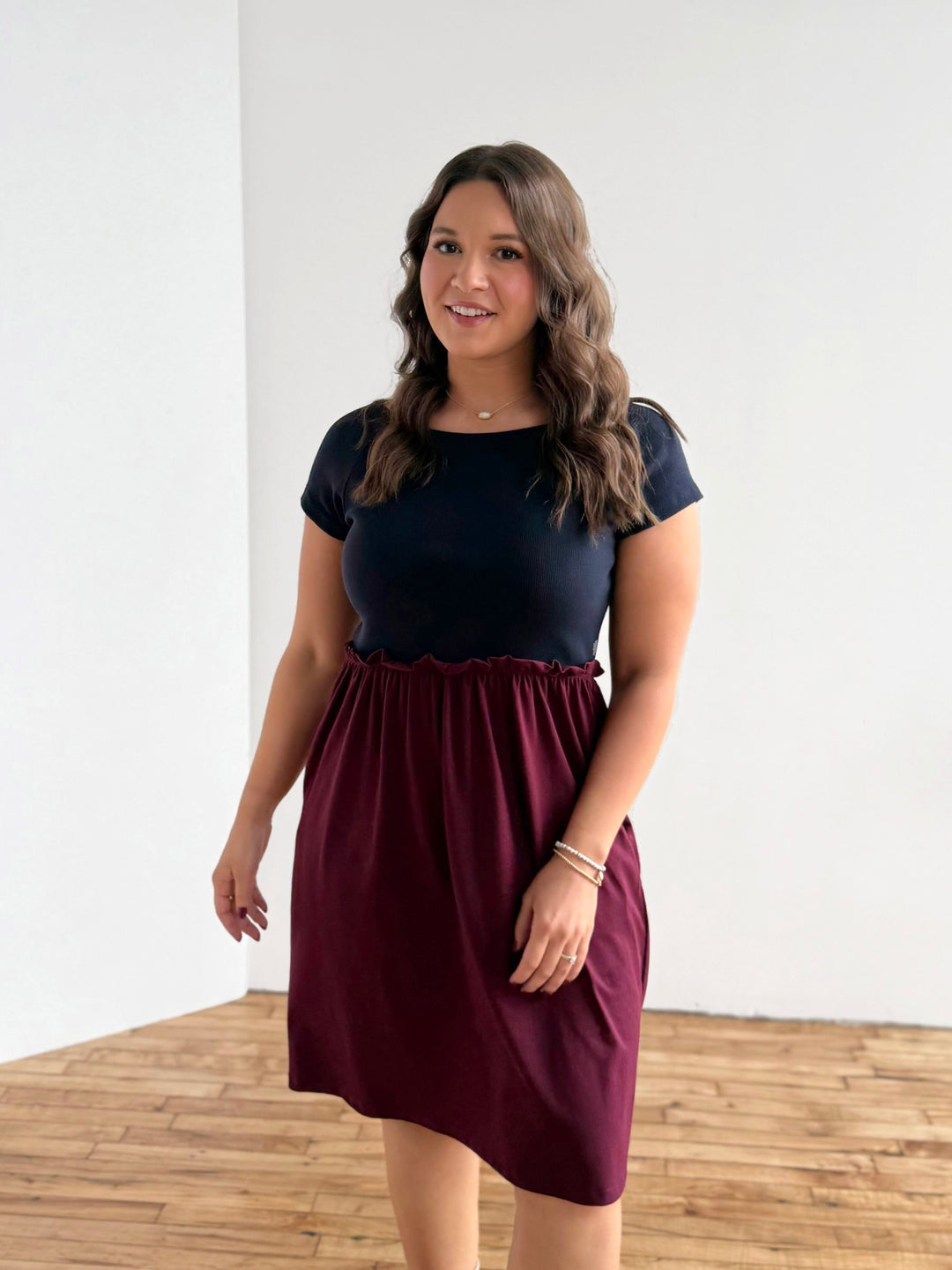 CAITLIN rib+jersey dress in Navy/Merlot