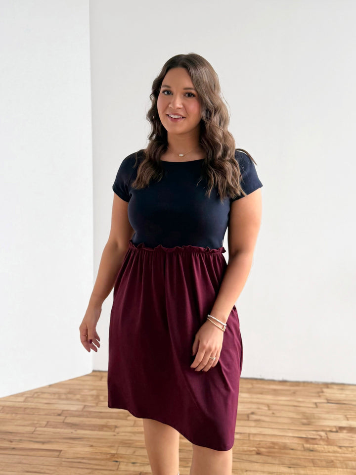 CAITLIN rib+jersey dress in Navy/Merlot