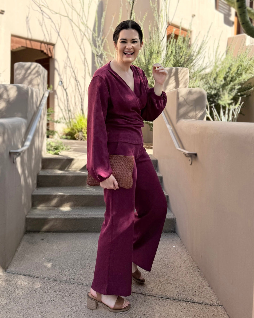 DESERT waffle knit high-rise pants in Raspberry (Regular Length 