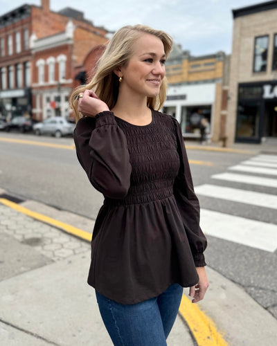 LYRIC smocked top in Chocolate Torte