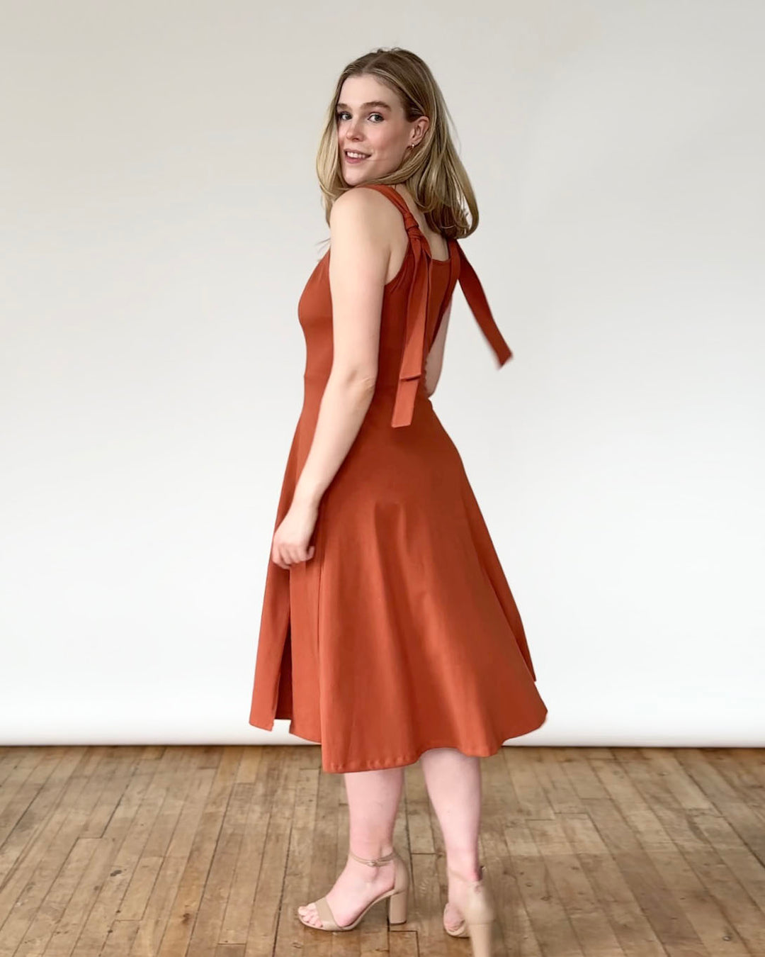 terracotta cocktail dress Jessica Terracotta Satin Faux Wrap Dress