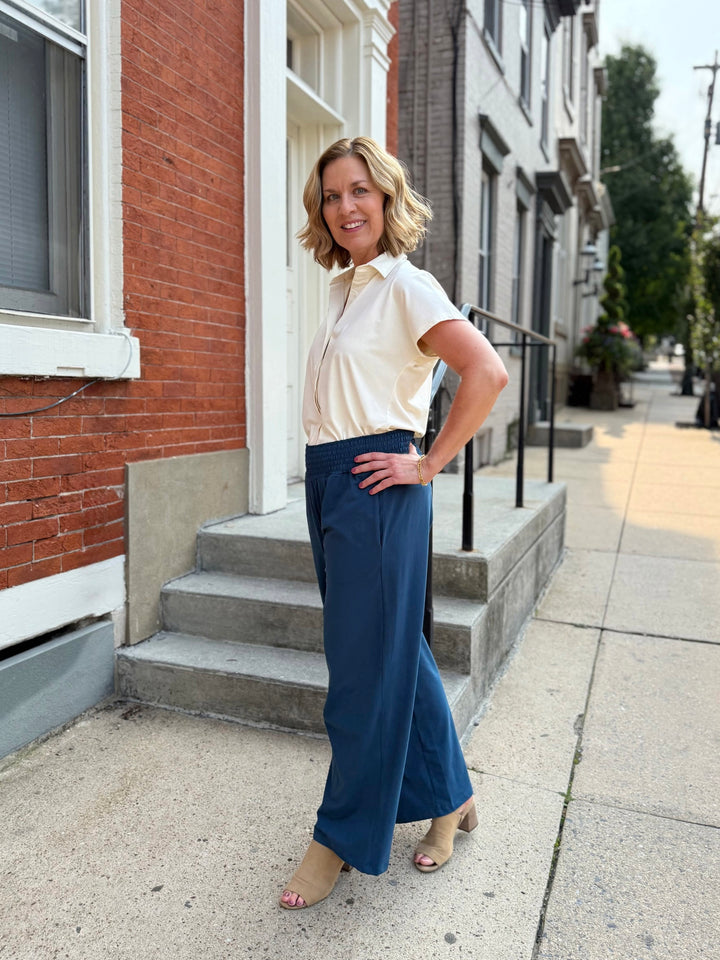 EVELINE smocked jersey pants in Atlantic Blue