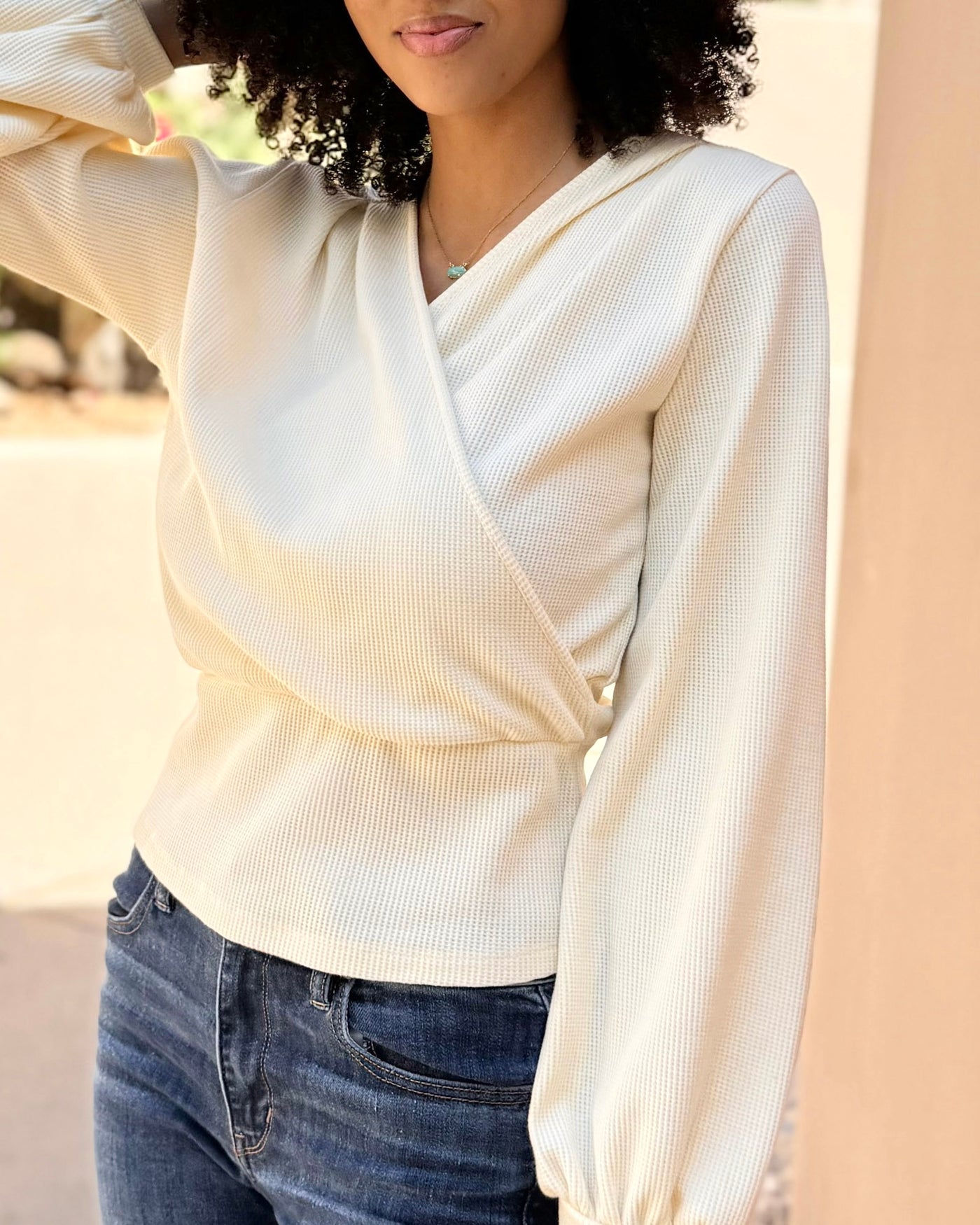 OASIS waffle knit top in Almond Milk