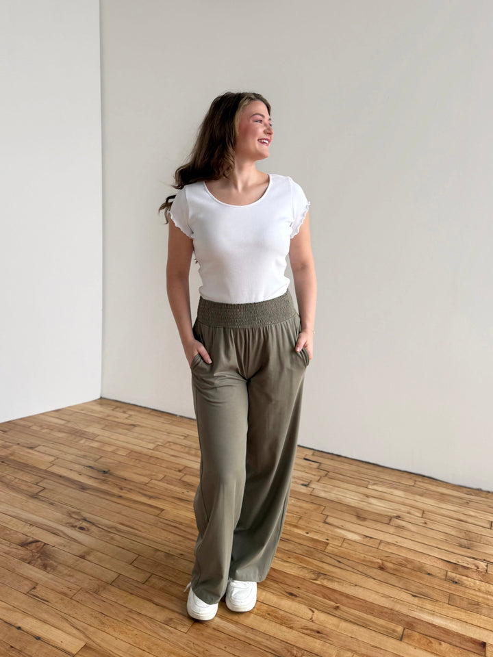 EVELINE smocked jersey pants in Silver Sage
