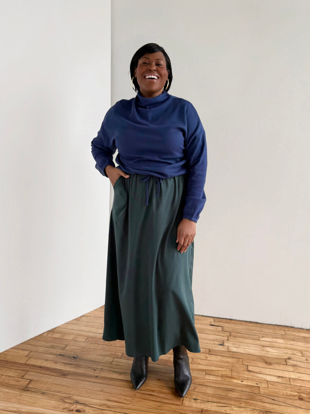 ANNIKA waffle knit top in Blue Depths